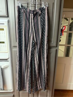 Free People Black and Mauve Patterned Wide-Leg Pants
